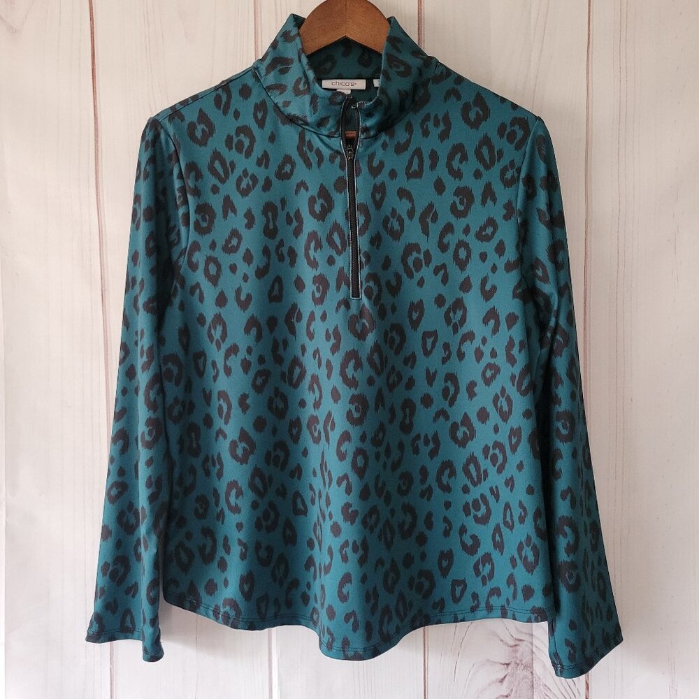 Chico’s No Iron Stretch Women’s Sz2 Leopard/Animal Print Blouse, Green, EUC